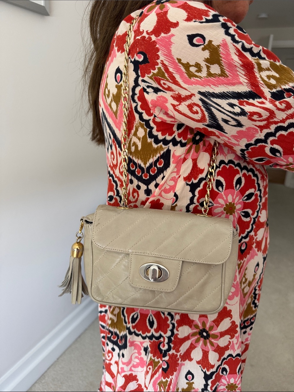 Bally Beige Quilted Leather Crossbody with Gold Chain
